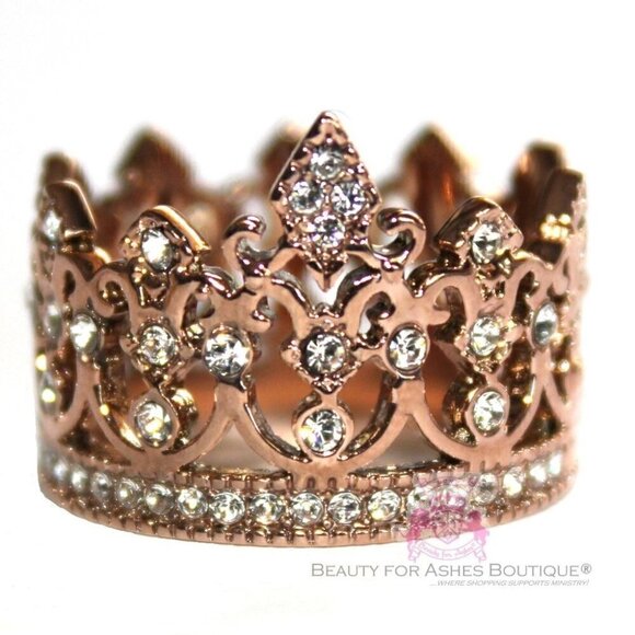 Beauty for Ashes Jewelry - Royalty Highness Crystal Clear Rose Gold Crown of Life Stainless Ring Size 6